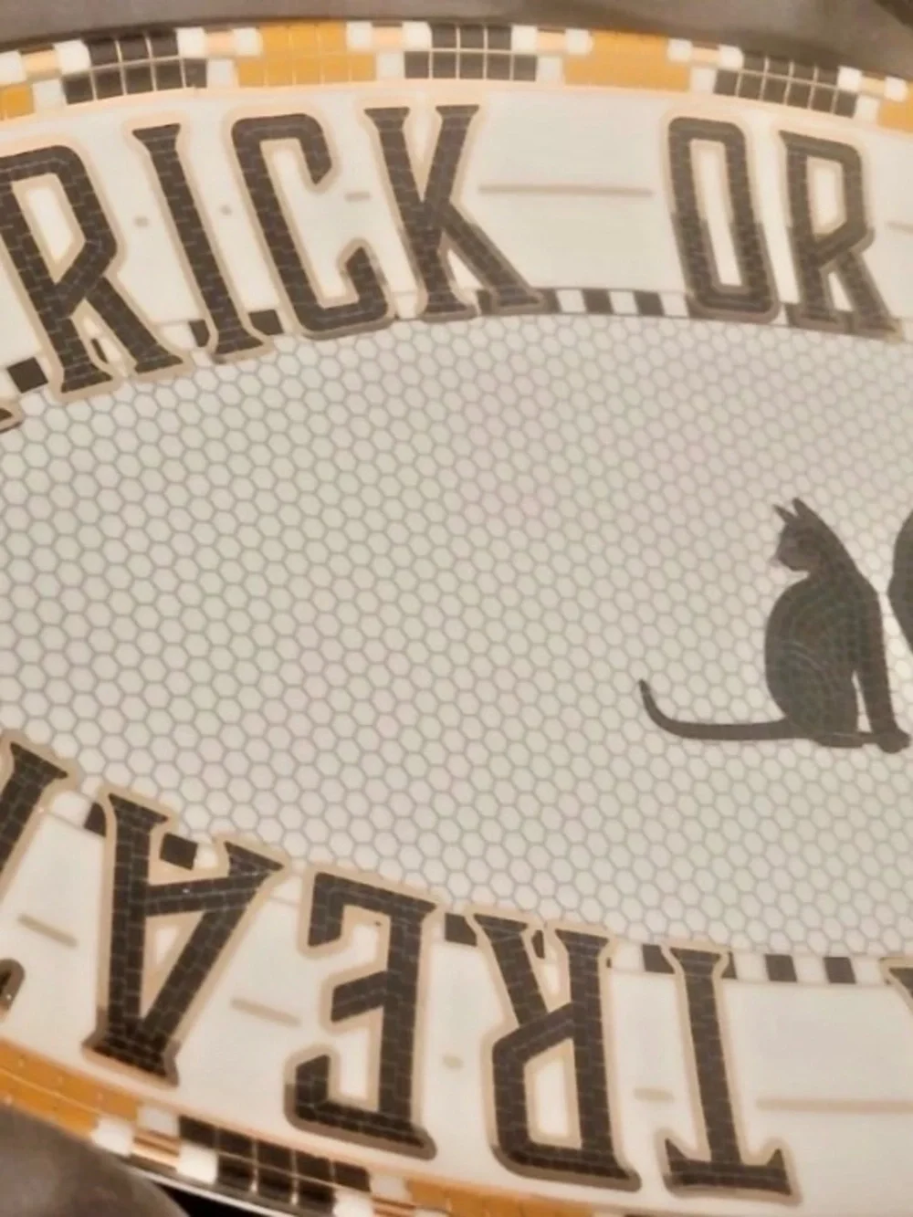 Anthropologie Bistro Tile Halloween Platter Trick or Treat Cats 24k gold